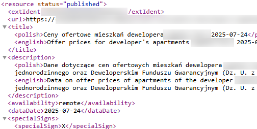 Screenshot pliku XML wysyłanego do portalu dane.gov.pl